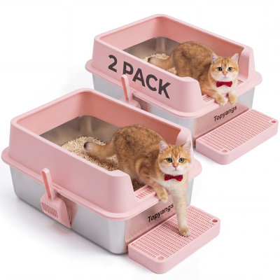 2PACK Stainless Steel Litter Box, Extra Large Litter Boxes for Big Cats, XXL Metal Cat Litter Box with Lid High Sides, Anti-Urine Leakage, Non-Sticky, Scoop Included, Pink