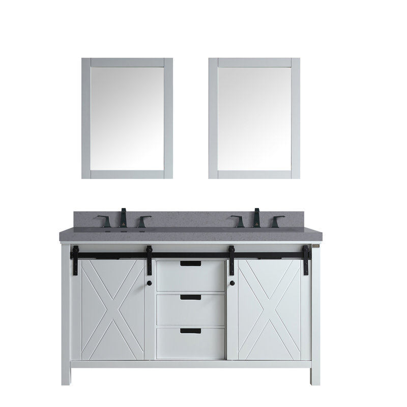 Meuble-lavabo double blanc l 60 po x P 22 po, comptoir en quartz gris, ensemble de robinets et miroirs 24 po