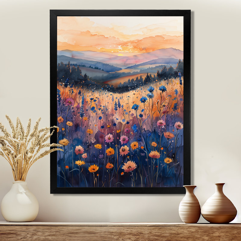 «Blue Blue Cornflowers Summer Breeze» - impression d'art mural bleuets, Toile encadrée noire simple