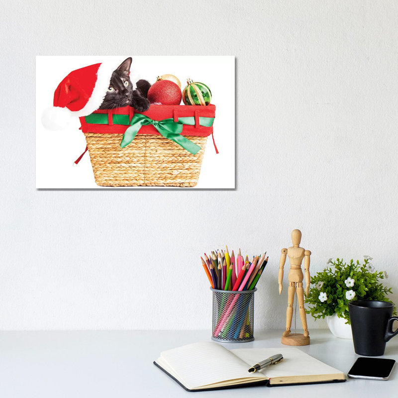 Cute Kitten In Christmas Basket by Susan Richey - Gallery-Wrapped Canvas Giclée on Canvas, 20.32 cm H x 30.48 cm W, Canvas