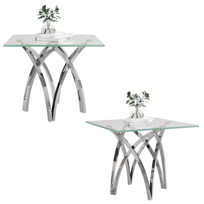 Ensemble de 2 tables d'appoint 24 pouces en verre trempé transparent avec base en miroir argenté