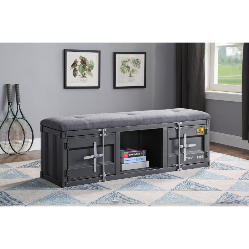Banc en tissu gris cargaison et finition bronze industriel avec rangement