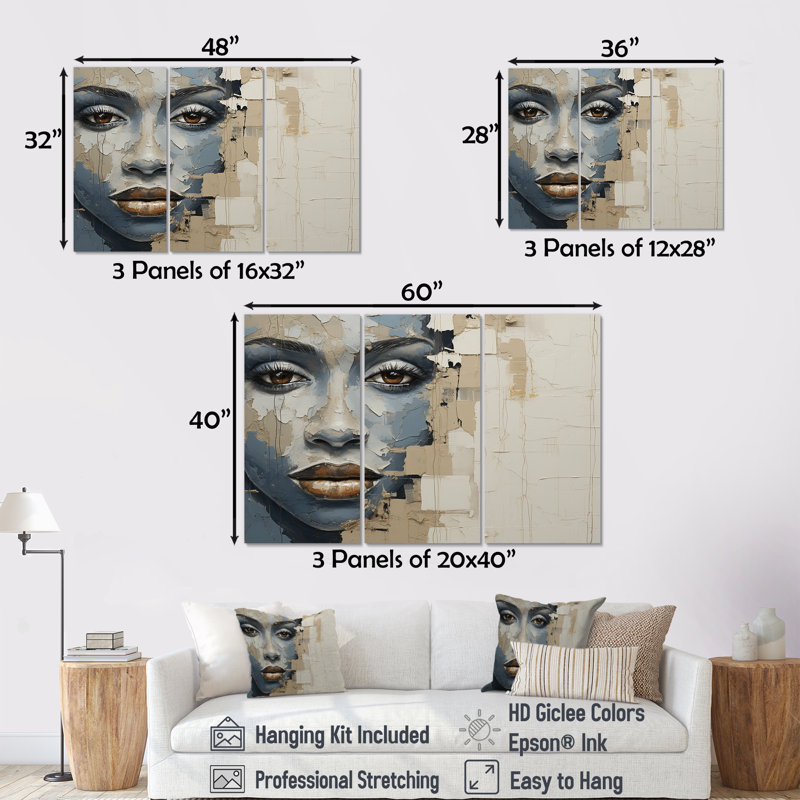 «Blue and Beige African Woman Collage I», ensemble d'art mural africain, H 32 po x l 48 po