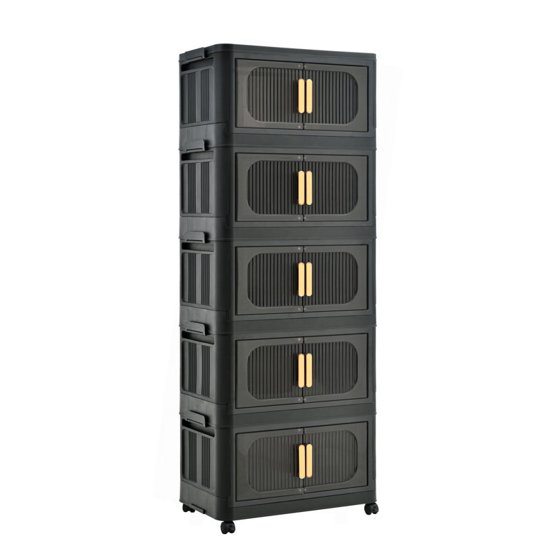 20" Side Wide Folding Storage Cabinet ,5 Tiers,19.69"×11.81"×50.00",Collapsible Storage Bins With Magnetic Door, Plastic Storage Cabinet With Wheels