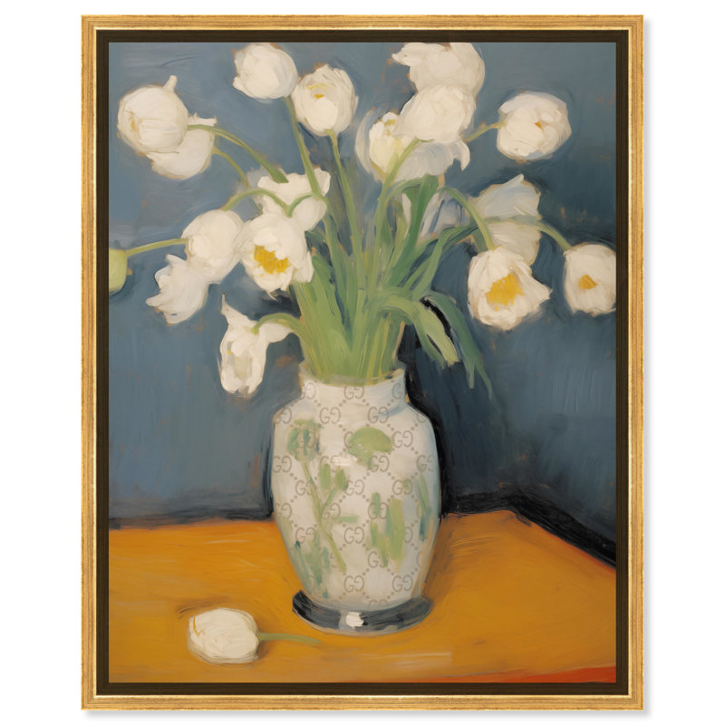Fleurs blanches dans un vase, art rétro sur toile par Art Remedy, Cadre noir, H 21 po x l 17 po