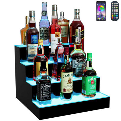  Bar Shelf with LED Colour Lighting,4-Tier 16"Liquor Bottle Display Shelf for Livingroom