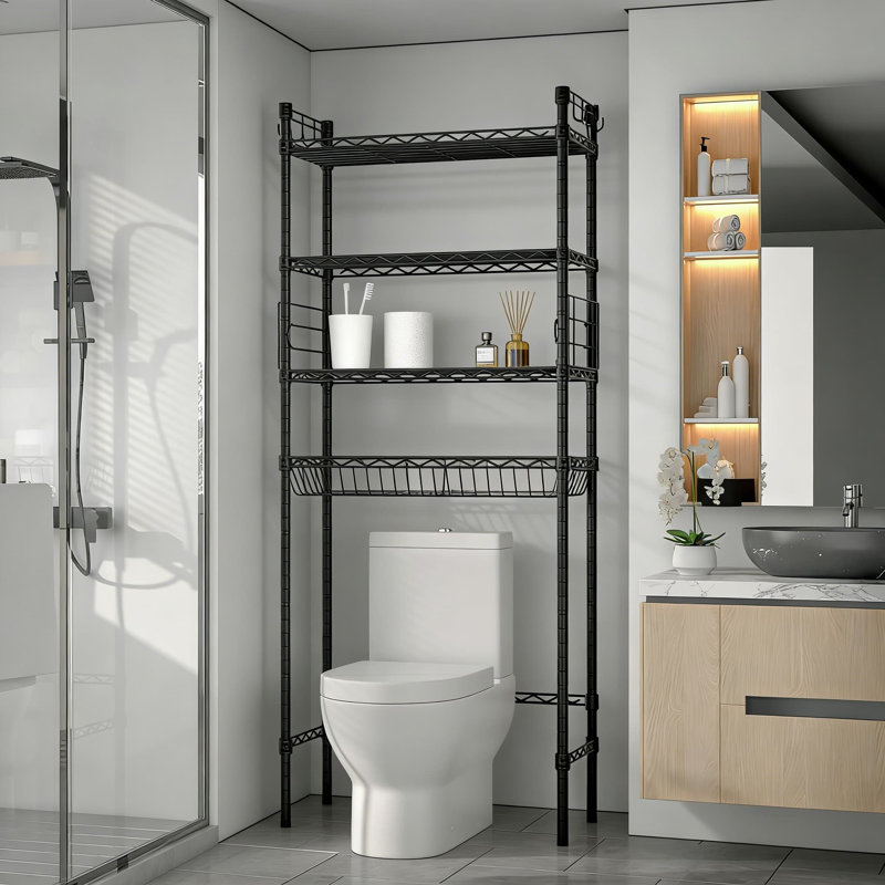 Over The Toilet Storage Rack With Adjustable Shelves, 4-Tier Freestanding Bathroom Organizer With Hooks And Basket, Heavy-Duty Metal Space Saver For Bathroom, Laundry, Or Kitchen