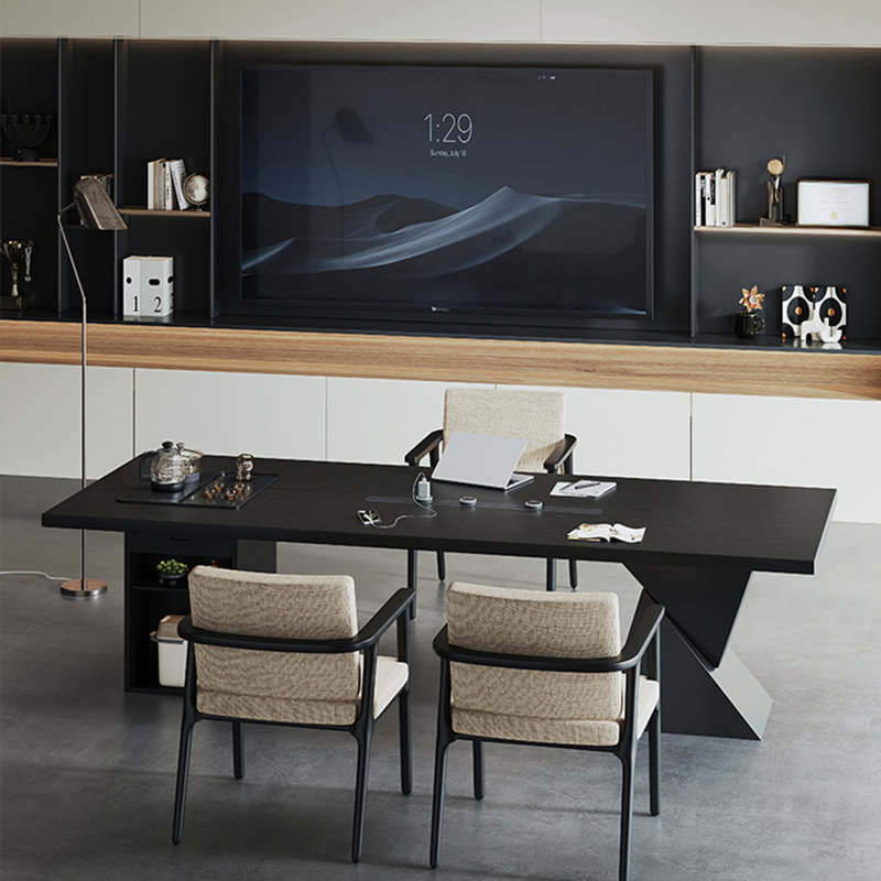 Table à thé et table de conférence 86,61 po style français rétro en bois massif noir