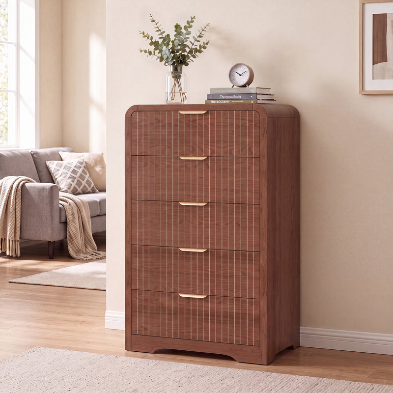 Modern Drawers Dresser for Bedroom, Wide Wood Dressers & Chests of Drawers w/Curved Profile Design, Walnut, 5