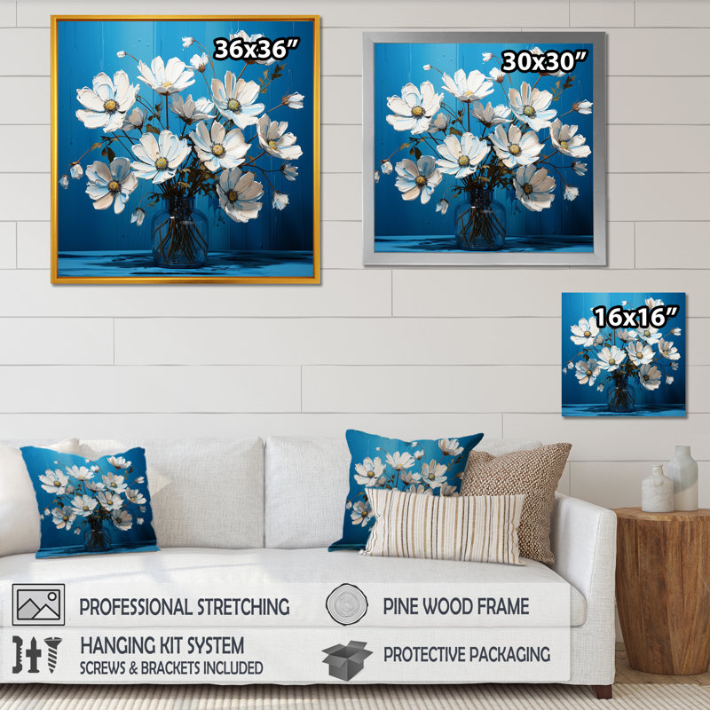 «White Blue Flowers Quirky I», impressions sur toile_105835, H 16 po x l 16 po x P 1 po, Toile tendue