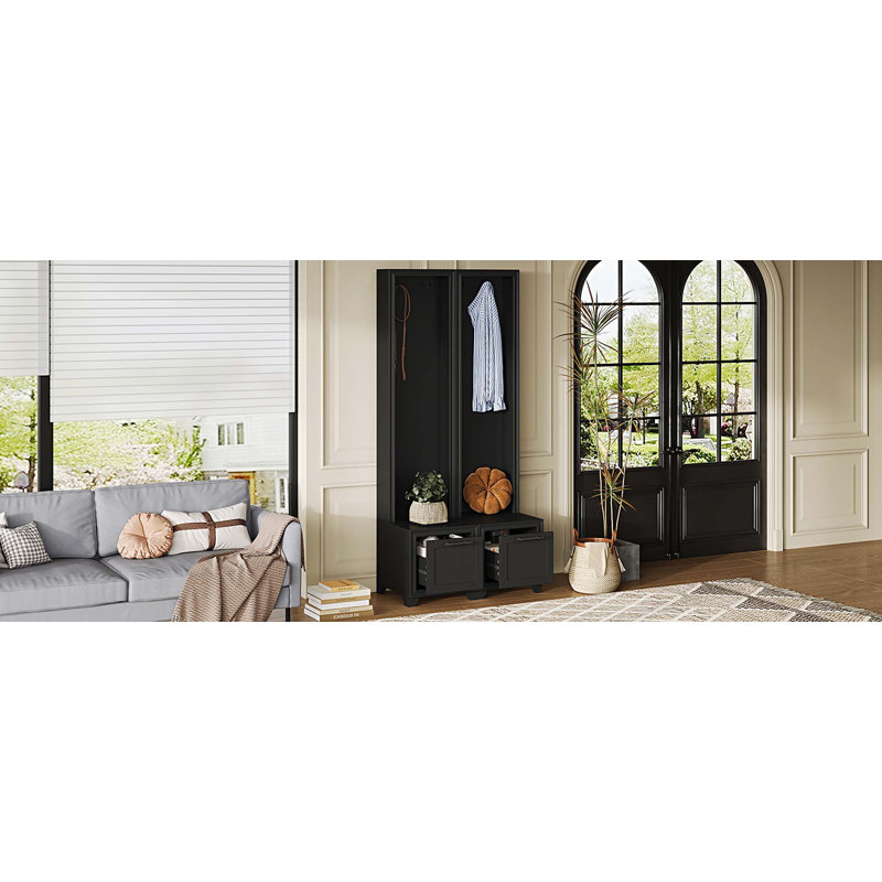 Elegant Free Standing Hall Tree Set of 2, Multifunctional 3-IN-1 Entryway Coat Rack with Black Retro Handles, Seating Bench with Storage Drawers for Hallway, Living Room, White