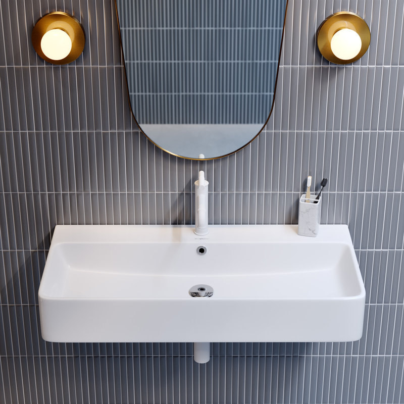 Carre 36" Rectangle Wall-Mount Bathroom Sink, Glossy White, Glossy White