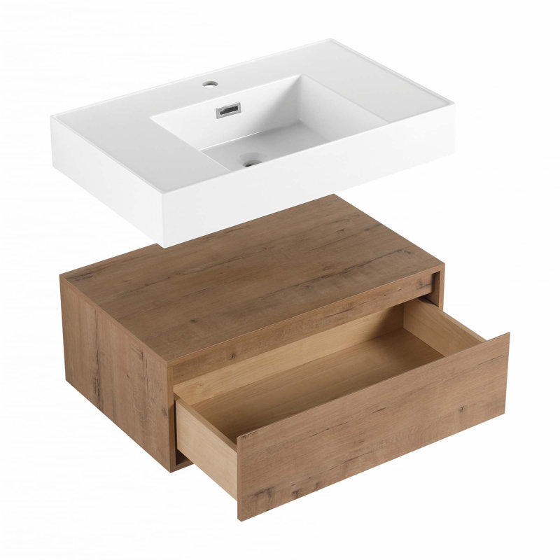 Meuble-lavabo mural de 30 po avec lavabo en résine, tiroir à fermeture en douceur et fixation à flotteur, 30"