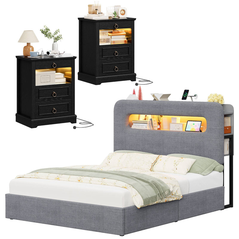 Ensemble de chambre à coucher lumineuse 3 pièces - Lit de rangement à DEL et commodes à DEL avec station de charge, Grand lit