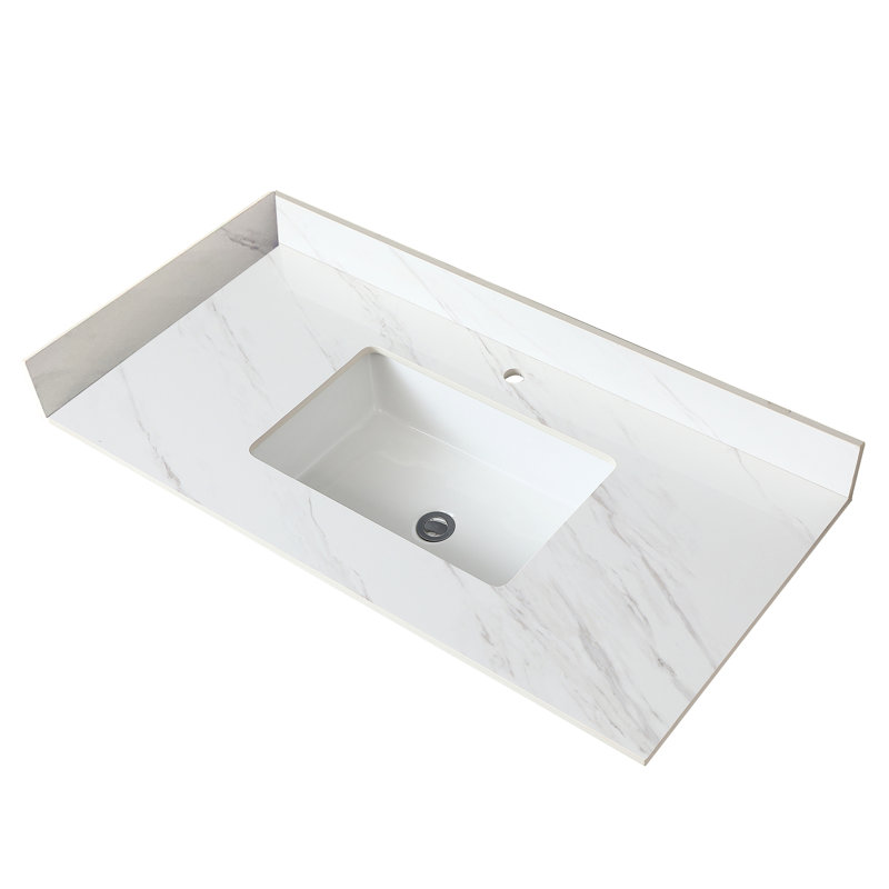 37 Inch Bathroom Sintered Stone Vanity Table Top With 4" Backsplash And Undermount Rectangular Basin Sink Table, White, 36"