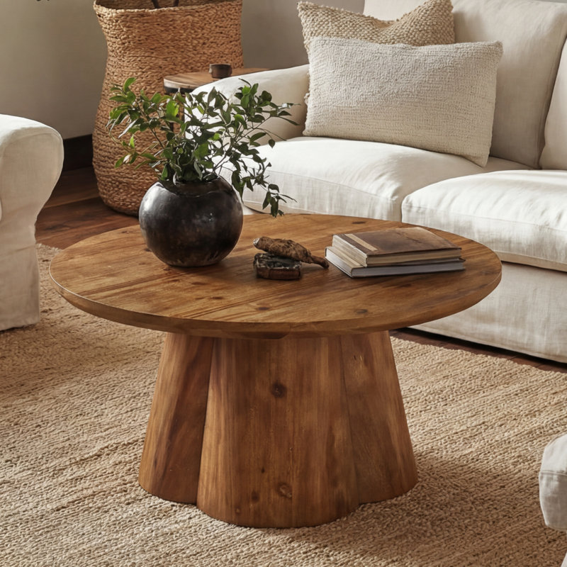 31.5" Farmhouse Natural Solid Wood Round Coffee Table, Center Table for Living Room, Apartments and Small Spaces