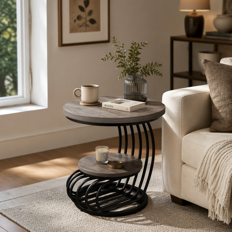 Table de bout ronde, table d'appoint en faux marbre 2 niveaux avec tablette de rangement