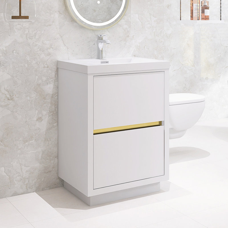 Ensemble de meuble-lavabo simple autoportant 24 po avec lavabo intégré en résine 24 po Modern, Blanc lustré