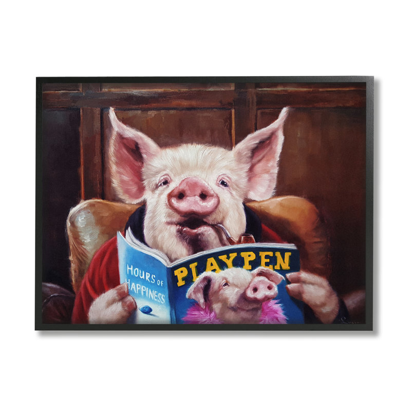 Drôle de cochon «Man Cave» - Peinture, Giclée encadrée noir minuit, H 11 po x l 14 po x P 1,5 po