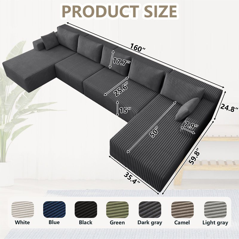 Canapé modulaire surdimensionné de 160 po en tissu désossé avec méridienne, siège modulaire en forme de U en velours côtelé et assise profonde, canapé confortable pour le salon, aucun assemblage requis