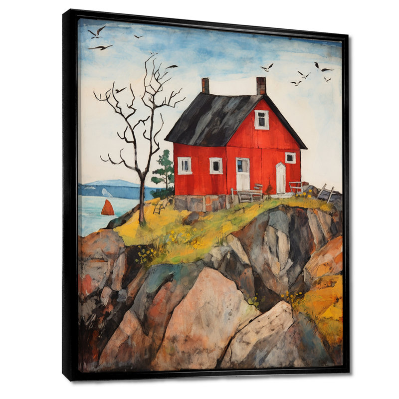 Maison rustique rouge voilier sur horizon - plage et océan, art mural, Toile avec cadre flottant noir