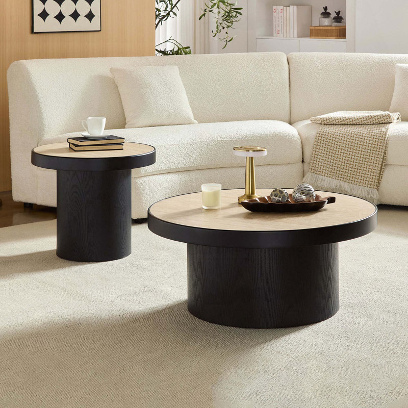 Ensemble de 2 tables basses gigognes rondes avec plateau en pierre frittée - noir