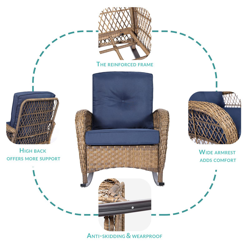 Navy Blue Cushioned Rattan Wicker Rocking Chair Set with Glass-top Table