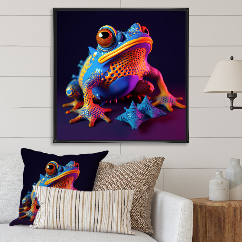 3D Neon Frog I - reproduction sur toile, H 24 po x l 24 po x P 1 po, Cadre flottant noir