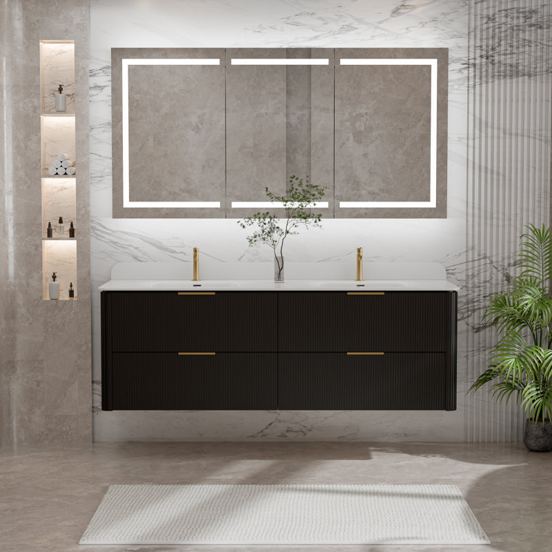 Meuble-lavabo double 60 po avec comptoir intégré en acrylique 60 po, armoire en chêne massif Reeded, tiroirs à fermeture en douceur, finition noire, chêne ou noyer