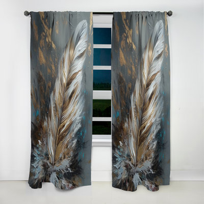 Gold Feather Wanderlust III - Glam Feather Curtain - Blackout Floral Curtain - 1 Panels