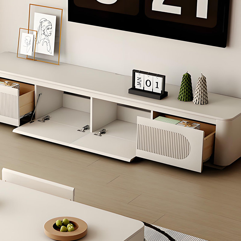 Meuble télé crème avec coins arrondis, H 13,77 po x L 94,48 po x l 15,74 po