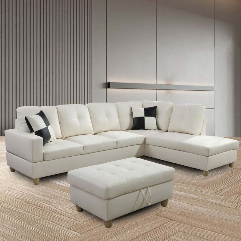 Elsiana 3 Piece Faux Leather Modular Living Room Set, Leather Couch Set, Left Hand Facing, White Faux Leather