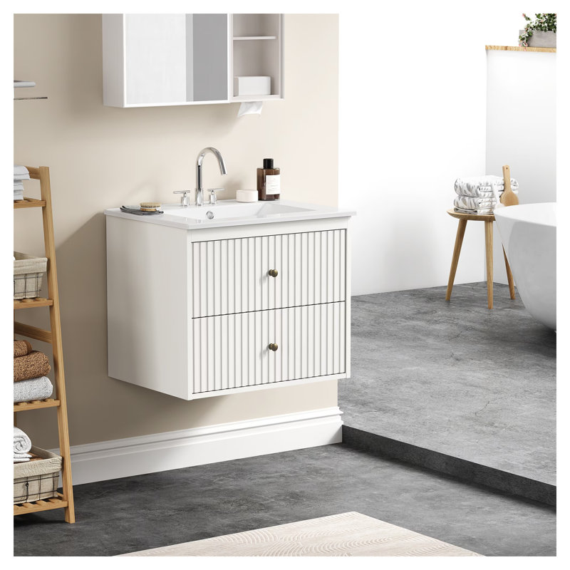 Meuble-lavabo suspendu de 61 cm avec lavabo en céramique intégré, armoire de rangement murale blanche avec tiroirs et portes