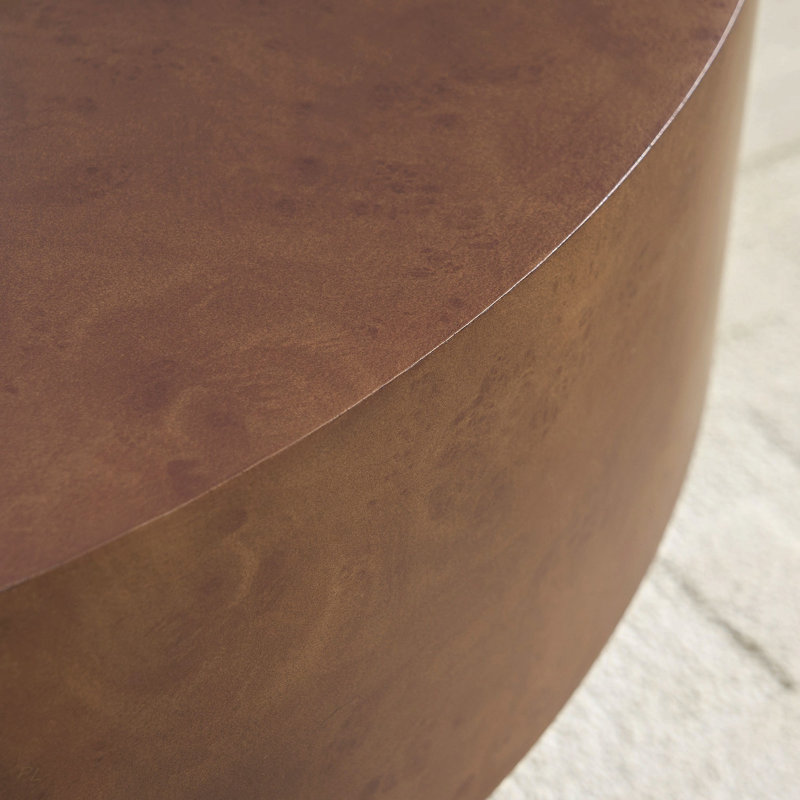 Table basse ronde en faux bois de ronce avec piédestal robuste