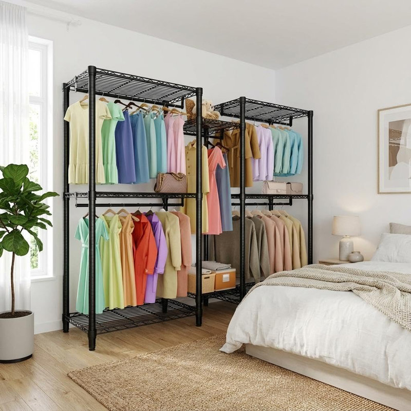 Support à vêtements autoportant robuste de 1870 lb avec 8 tablettes et 5 tringles, organisateur de vêtements réglable en métal