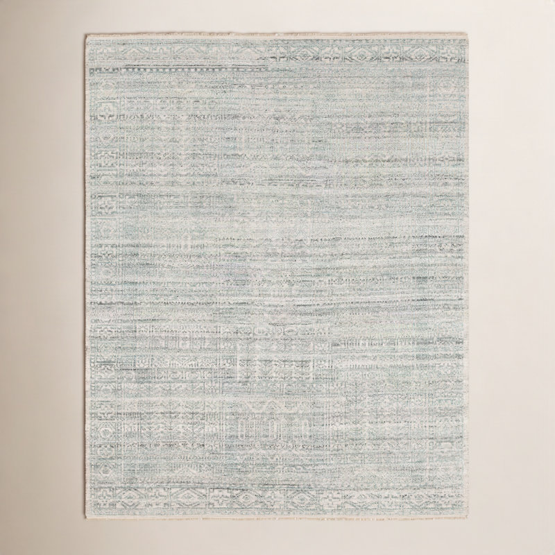 Tapis bleu sarcelle / gris clair / beige noué à la main Indrakumar, Rectangle 8 pi 10 po x 12 pi