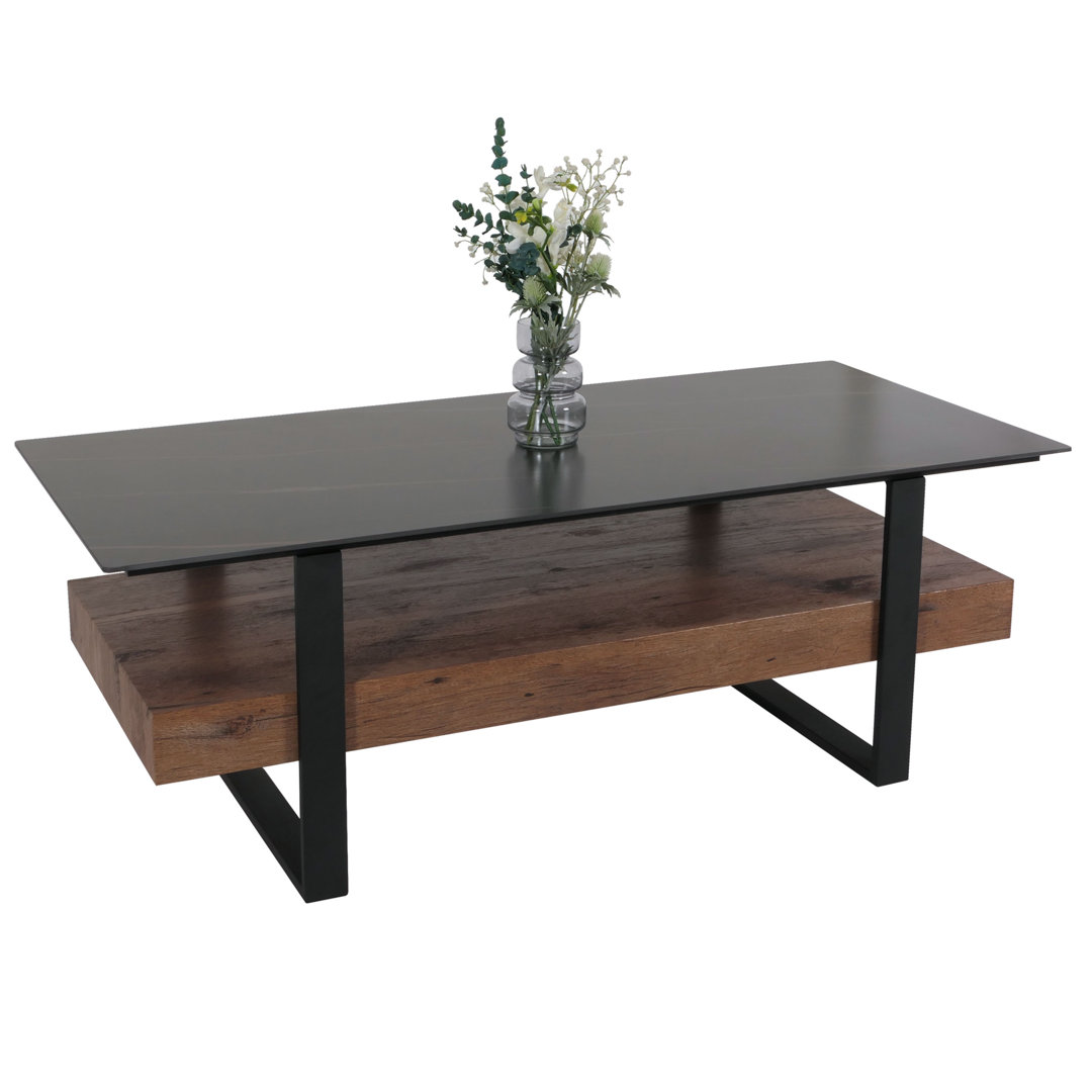 Couchtisch MCW-L88, Ablage Eisen 43x120x60cm Sinterstein Marmor-Optik schwarz Holz dunkelbraun