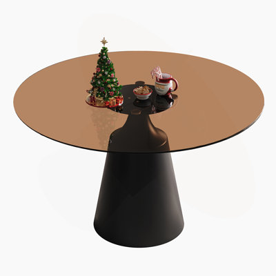 Table de salle à manger ronde de 35 pouces pour les petits espaces, table à piédestal moderne de style Mid-Century avec plateau en verre noir pour la cuisine, le salon, le thé et le café (appartement, style bistro)