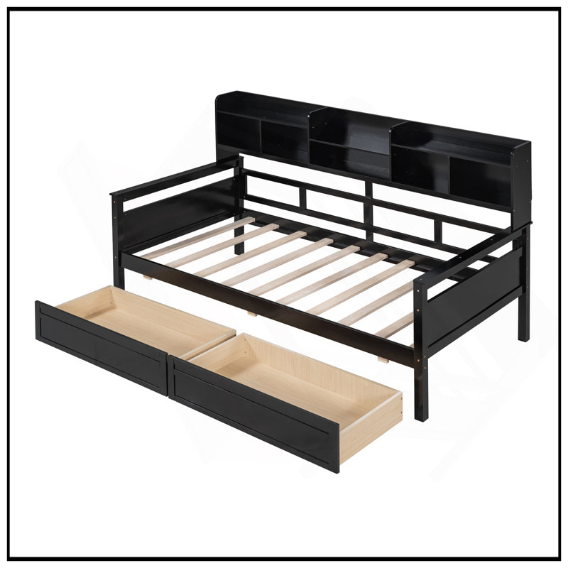Daybed With Wood Slat Support, Bedside Shelves, And Two Drawers For Versatile Storage And Comfort, Twin, Black