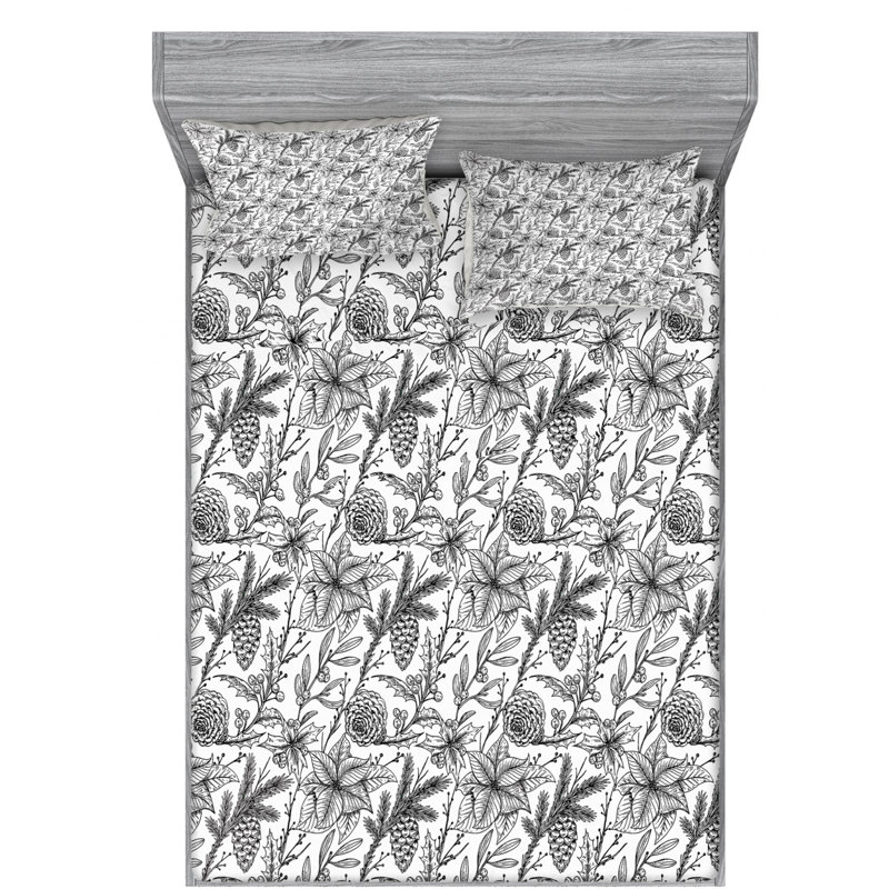 Microfiber Floral Sheet Set, Full Sheet Set with Fitted Sheet, Black/Gray Floral