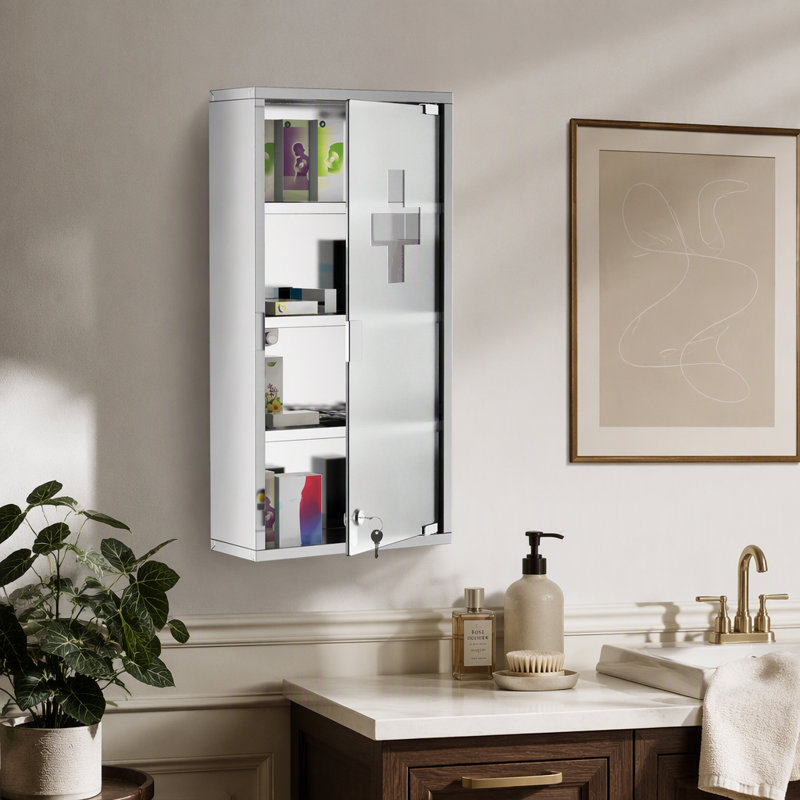 Armoire à pharmacie murale, armoire murale verrouillable avec 4 tablettes à niveaux, cadre en acier inoxydable et porte en verre, verrouillable avec 2 clés 0