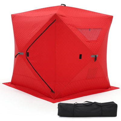 3-Layer 300D Oxford Ice Fishing Shelter, Insulated Pop-Up Ice Shanty Carry Bag, 3-4 Person, Red