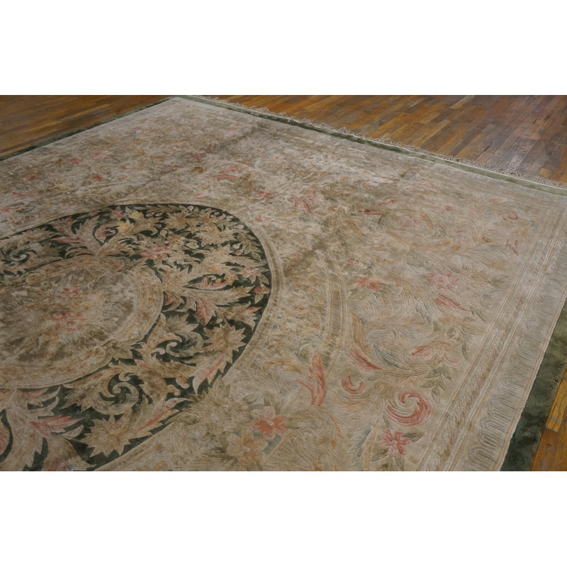 Vintage European Influenced Green Floral Medallion Silk Chinese Rug