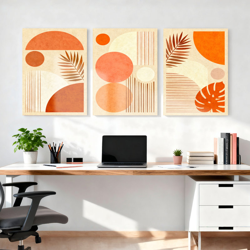 Abstrait géométrique et feuille tropicale tendue sur toile, impression de style bohème moderne (ensemble de 3)