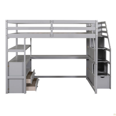 Lit mezzanine double avec bureau et tablettes, deux tiroirs intégrés, escalier de rangement, gris