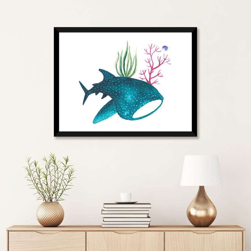 " Whale Shark With Corals ", 24" H x 32" W x 1" D, Black Framed Paper, White