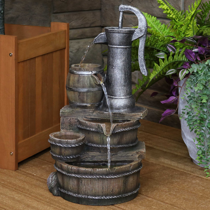 Oak Brook Weather-Resistant Farmhouse Pump and Barrels Polyresin Outdoor Water Fountain with Light