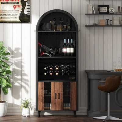 71"Farmhouse Arched Wine Bar Cabinet: Tall Arched Display Cabinet , Arch Black Cabinets &Coffee Bar, Whiskey Station With Wine Rack And Wine Glass Holder - Liquor Bars Cabinet For Living Dining Room