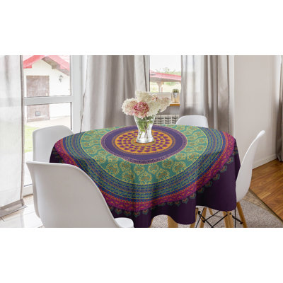 Mandala Round Tablecloth, Middle Illustration With Curls And Petals Oriental Colorful Pattern, Circle Table Cloth Cover For Dining Room Kitchen Decoration, 60", Multicolor