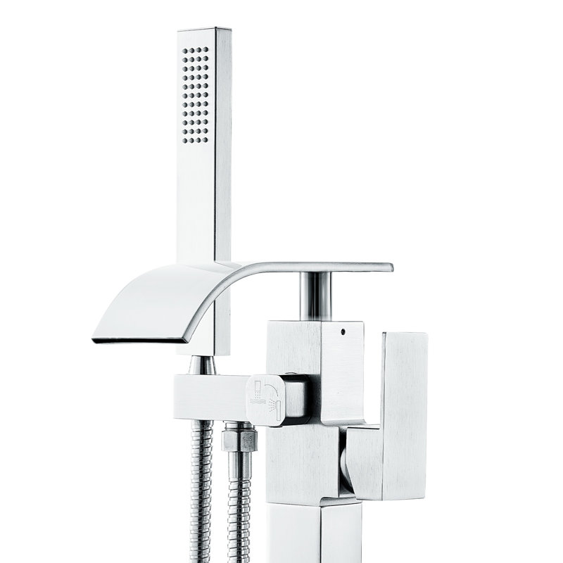 Robinets de mélangeur de douche Robinet de baignoire autoportant Aspect brossé lisse Débit élevé à deux poignées Fixation au sol 360 ° Bec pivotant Deux modes d'eau pour le bain et la douche Composants en laiton fin